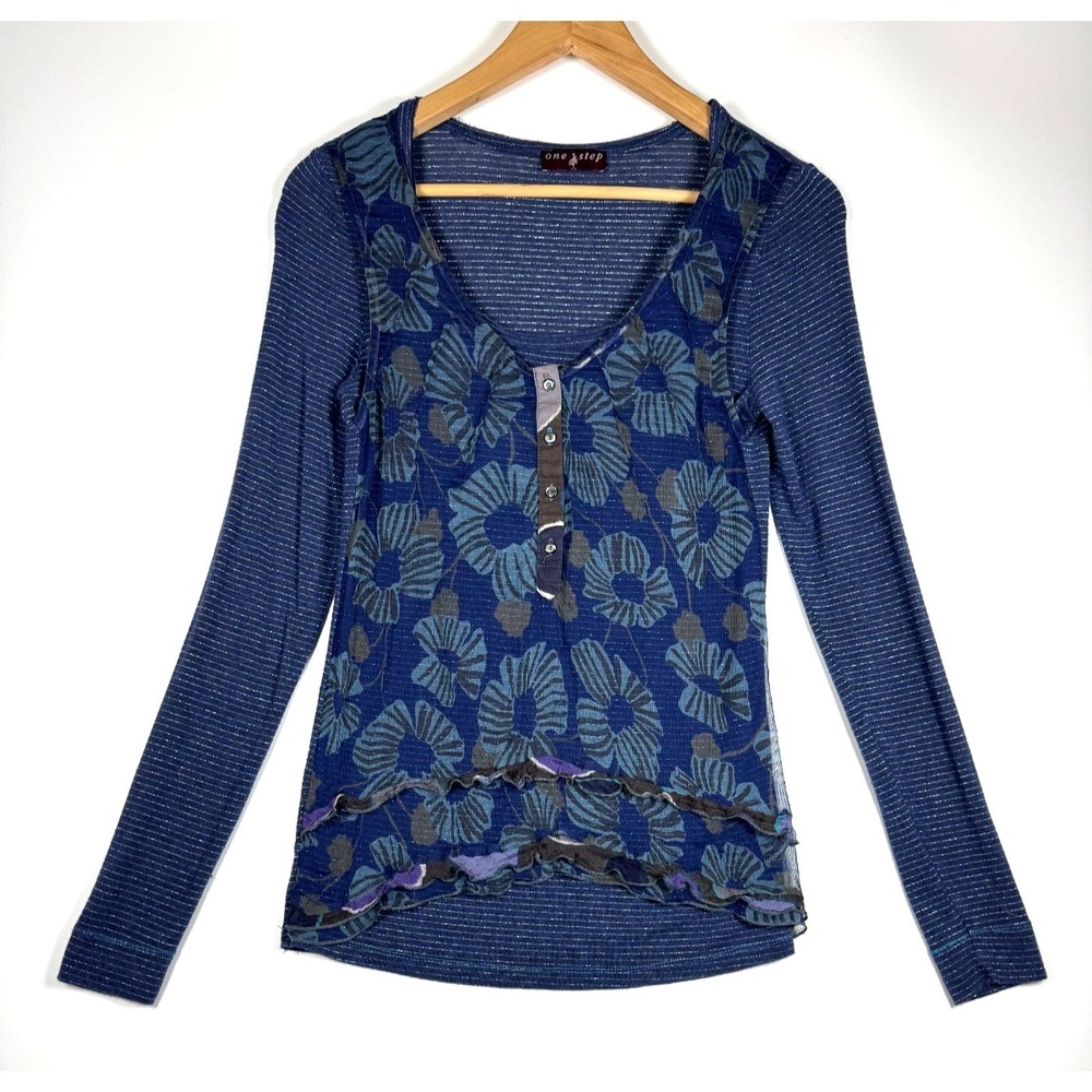 One Step Top Womens EU 34‎ Small Blue Floral Stripe Silk Overlay Ruffle Hem Boho